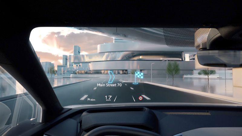 title image of Audi Q4 e-tron – Augmented Reality Head-Up-Display (70 inches big virtual screen)